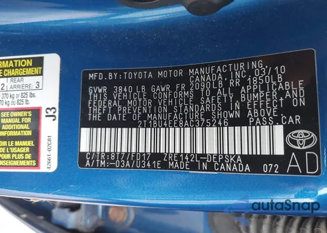2010 Toyota Corolla S from USA, damaged, VIN 2T1BU4EE8AC375246